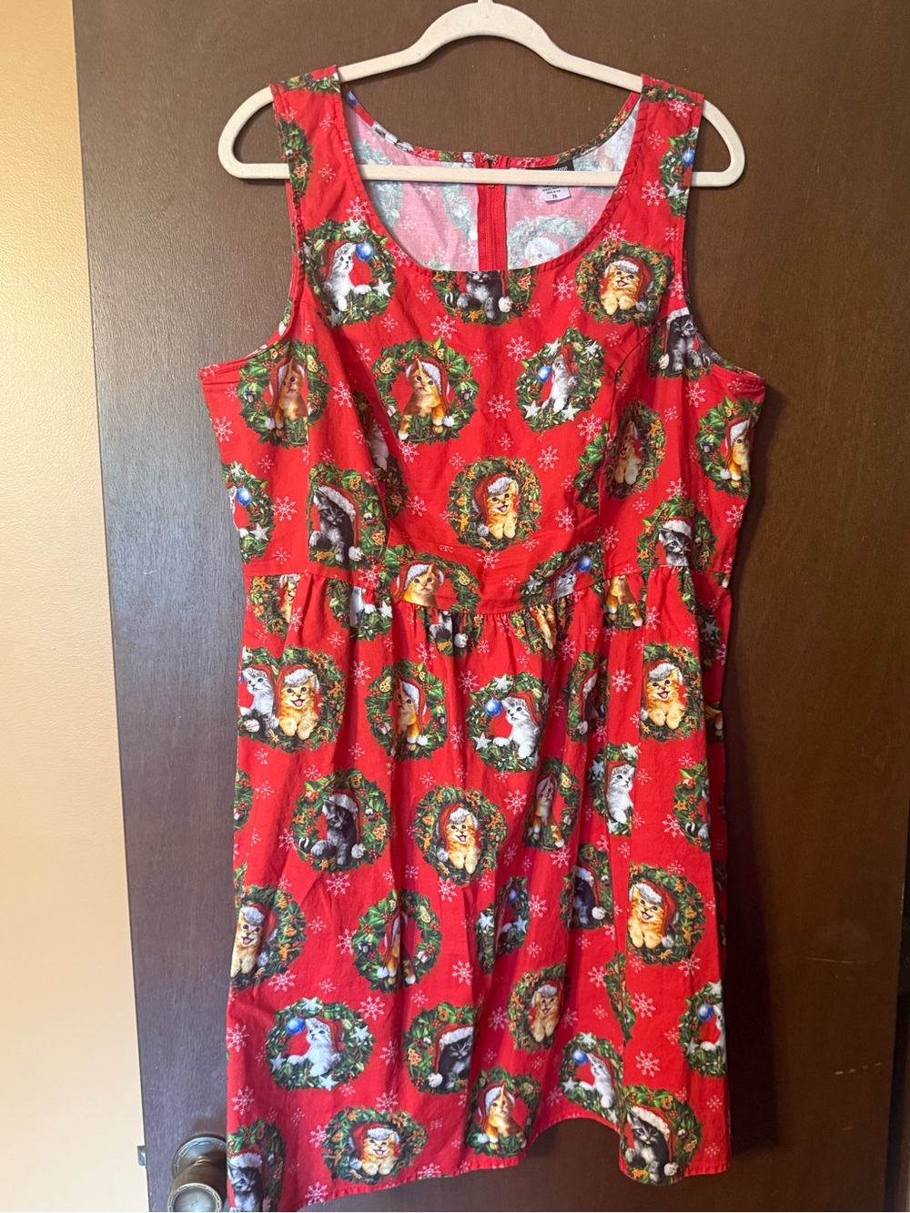 ModCloth Retrolicious Cat Holiday Christmas Dress Red Fit Flare Plus Size 2X